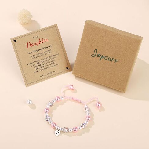 JoycuFF 𝐋𝐞𝐭𝐭𝐞𝐫 𝐈𝐧𝐢𝐭𝐢𝐚𝐥 𝐇𝐞𝐚𝐫𝐭 Bracelets for Girls Teen Girls, Natural Stone/Pink Pearls 𝐁𝐫𝐚𝐜𝐞𝐥𝐞𝐭𝐬, 𝐄𝐚𝐬𝐭𝐞𝐫 Valentine's Day Birthday Christmas Gifts for Daughter Granddaughter Niece in Kuwait