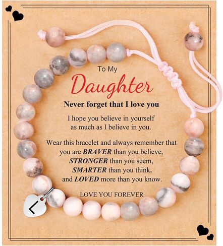JoycuFF 𝐋𝐞𝐭𝐭𝐞𝐫 𝐈𝐧𝐢𝐭𝐢𝐚𝐥 𝐇𝐞𝐚𝐫𝐭 Bracelets for Girls Teen Girls, Natural Stone/Pink Pearls 𝐁𝐫𝐚𝐜𝐞𝐥𝐞𝐭𝐬, 𝐄𝐚𝐬𝐭𝐞𝐫 Valentine's Day Birthday Christmas Gifts for Daughter Granddaughter Niece in Kuwait