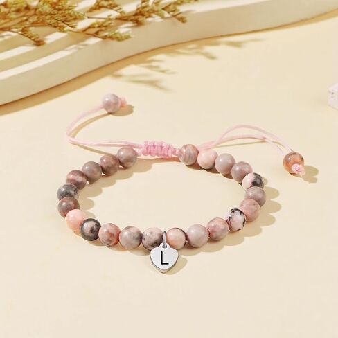 JoycuFF 𝐋𝐞𝐭𝐭𝐞𝐫 𝐈𝐧𝐢𝐭𝐢𝐚𝐥 𝐇𝐞𝐚𝐫𝐭 Bracelets for Girls Teen Girls, Natural Stone/Pink Pearls 𝐁𝐫𝐚𝐜𝐞𝐥𝐞𝐭𝐬, 𝐄𝐚𝐬𝐭𝐞𝐫 Valentine's Day Birthday Christmas Gifts for Daughter Granddaughter Niece in Kuwait