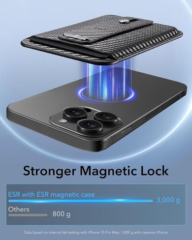 ESR Magnetic Wallet, Compatible with MagSafe Wallet, for iPhone Wallet with Secure-Grip Finger Loop, for iPhone 15/14/13/12 Series, Not for 13/12 Mini, 3-Card Holder, Vegan Leather, Black Carbon Fiber in Saudi Arabia