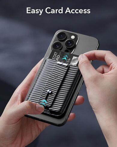 ESR Magnetic Wallet, Compatible with MagSafe Wallet, for iPhone Wallet with Secure-Grip Finger Loop, for iPhone 15/14/13/12 Series, Not for 13/12 Mini, 3-Card Holder, Vegan Leather, Black Carbon Fiber in Saudi Arabia