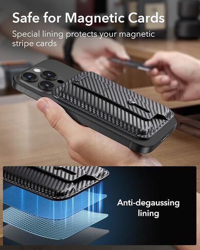 ESR Magnetic Wallet, Compatible with MagSafe Wallet, for iPhone Wallet with Secure-Grip Finger Loop, for iPhone 15/14/13/12 Series, Not for 13/12 Mini, 3-Card Holder, Vegan Leather, Black Carbon Fiber in Saudi Arabia