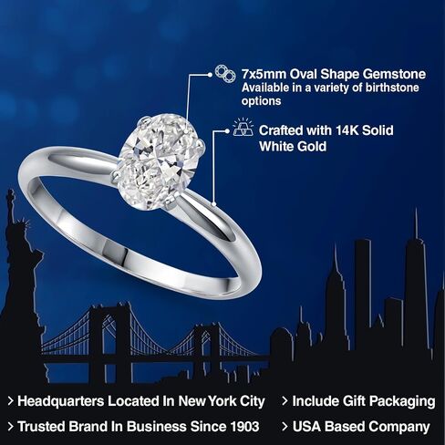 Gem Stone King 14K White Gold Oval 7X5MM Gemstone Birthstone Solitaire Engagement Ring | Wedding Engagement Anniversary Promise Gold Ring For Women | Available In Size 5, 6, 7, 8, 9 in Saudi Arabia