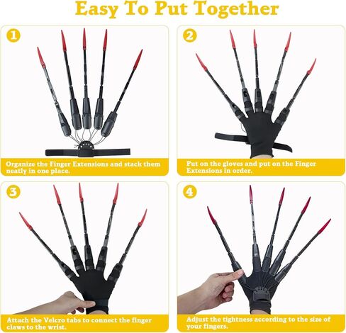 أصابع مفصلية للهالوين مع أظافر وقفازات تمديد، ترقية هيكل عظمي ثلاثي الأبعاد للأيدي المخالب ملحقات أصابع مفصلية للحفلات التنكرية، زينة مرنة لمعدات الهالوين تناسب معظم أحجام الأصابع - أسود in Kuwait