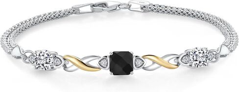 سوار Gem Stone King 2.01 قيراط من الفضة عيار 925 والذهب الأصفر عيار 10 قيراط والعقيق الأسود والألماس المزروع في المختبر للنساء | جوهرة الميلاد الأحجار الكريمة | وسادة شطرنج 6 ملم | 7 بوصات | صنع في إيطاليا in Saudi Arabia