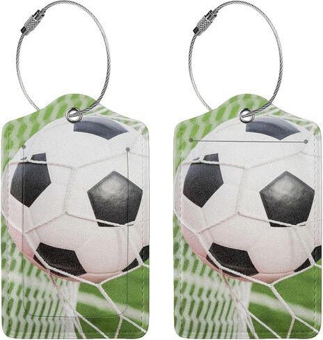 قطعتان من بطاقات أمتعة كرة القدم لحقيبة السفر، وعلامة كرة القدم، وديكورات الحفلات الرياضية، وغطاء تعريف الخصوصية، مع حلقة من الفولاذ المقاوم للصدأ وبطاقة عنوان in Kuwait