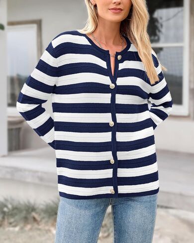 BTFBM Striped Cardigan Sweaters for Women Trendy Fall 2024 Long Sleeve Button Down Lady Jacket Open Front Knit Cardigans in Saudi Arabia