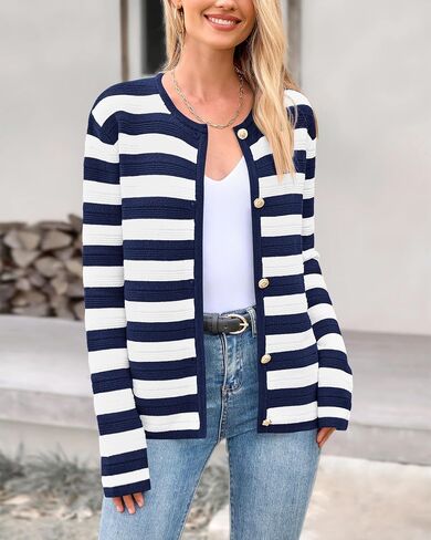 BTFBM Striped Cardigan Sweaters for Women Trendy Fall 2024 Long Sleeve Button Down Lady Jacket Open Front Knit Cardigans in Saudi Arabia