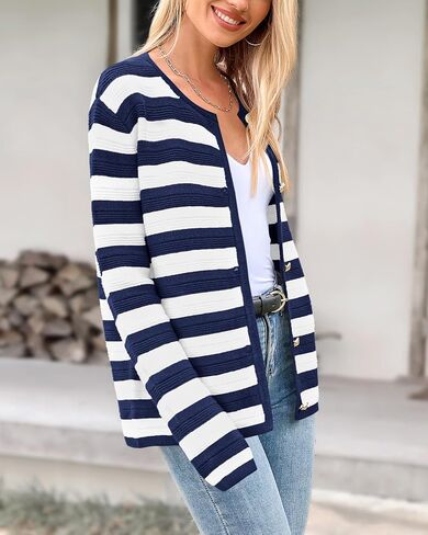 BTFBM Striped Cardigan Sweaters for Women Trendy Fall 2024 Long Sleeve Button Down Lady Jacket Open Front Knit Cardigans in Saudi Arabia
