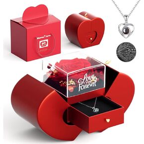 Preserved Red Real Rose with I love you Necklace 100 Languages, Forever Flowers Rose Birthday Gifts for Girlfriend, Mom, Grandma, Wife, Idea on Christmas, Valentine, Mother's Day, Anniversary (Red)