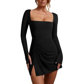 WISFRUIT Women's Sexy Square Neck Bodice Dress Long Sleeve Ruched Side Slit Party Club Mini Dress