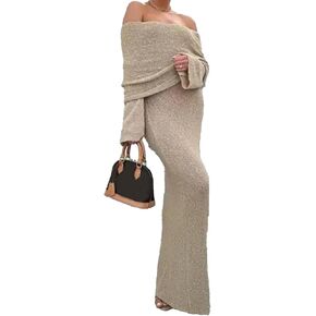 NRTHYE Women's Knit Off Shoulder Crochet Maxi Dress Sexy Mesh Long Sleeve Bodycon Vacation Party Dresses