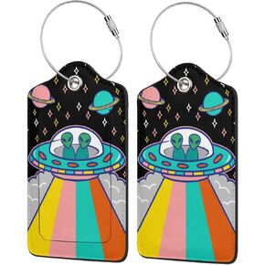 Alien Spaceship Stras 2 Pack Luggage Tags, Unique Leather Suitcase Tags Identifiers with Privacy Name Address Labels & Durable Steel Loop