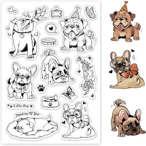 GLOBLELAND French Bulldog Dogs Clear Stamps Animals Puppy Words Transparent Rubber Seal Stamps Dog and Friend Rubber Stamps for DIY Scrapbooking Photo Album Decorative Cards Making 6.3×4.33inch