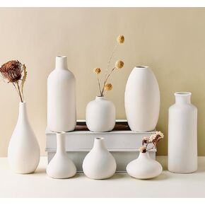 Set of 8 White Ceramic Vases for Dried Pampas Grass Flowers, Aesthetic Boho Modern Decor for Farmhouse Living Room Coffee Table Shelf Fireplace Centerpiece Bedroom Office Desk Home DIY Gifts