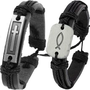 Leather Christian Bracelets for Men and Teenage Boys, Religious Gifts with a Cross and Sign Of The Fish