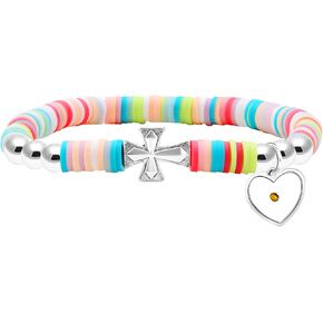 Cute Gradient Style Vinyl Heishi Polymer Clay Beads Bracelets Trendy Side Cross Bracelet with Heart Mustard Seed Charm