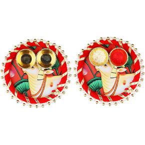 Aditri Creation Decorative Designer Roli Chawal/Rice Holder, Kumkum Haldi Holder Rakhi Pooja Thali Indian Festival Pujan Mandir Tika Roli Plate Housewarming Gifts Items Pack (Size:-4") (Red)
