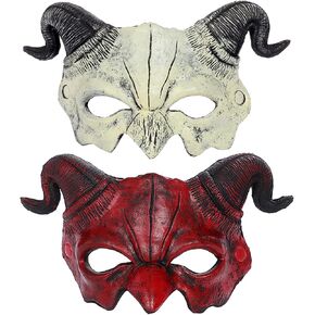 Demon Mask for Halloween, 2 PCS, Red, White Evil Costume Mask with Horn, Ghost Face Masks for Cosplay