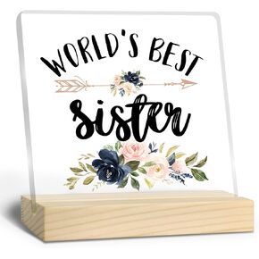 World's Best Sister Floral Acrylic Sign, Sister Gifts from Sisters, Sister Acrylic Table Signs Gifts for Sister, Sister Acrylic Sign with Wooden Stand, Sister Acrylic Desk Decor, Decorative Signs & Plaques