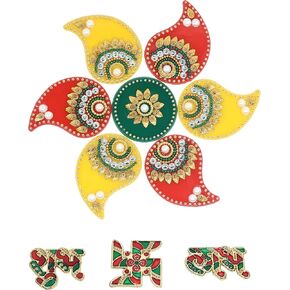 Multicolor Acrylic Dipak Design Rangoli Set with Shubh Labh Decorative Traditional Handmade Rangoli Sticker Indian Pooja Decor for Home Diwali Gift Wedding Decor Housewarming Gift - - STB05