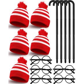Suhine 5 Sets Halloween Cosplay Set 5 Pcs Red and White Striped Pom Cuff Beanie Hats, 5 Pcs Black Retro Frame Glasses 5 Pcs Black Canes for Costume Outfit Props Halloween Party
