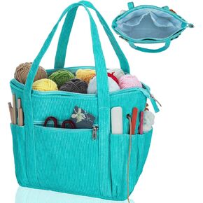 Crochet Bag Tote Yarn Knitting Bag Corduroy Teal Yarn Storage Organizer for Crocheting Project Skein Knitting Needles Crochet Hooks Accessories