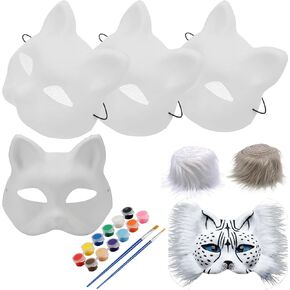 4 Pcs Therian Masks Kit, Cat Mask with Eye Mesh and Faux Fur, DIY White Blank Cat Masks for Masquerade, Halloween Party, Animal Cosplay