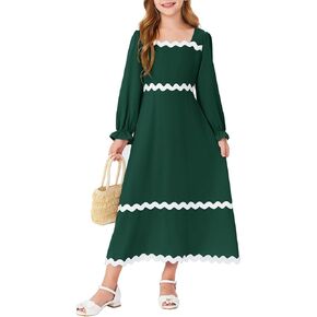 Haloumoning Girls Puff Long Sleeve Maxi Dress Kids Casual Square Neck Tie Back Smocked A Line Dresses 4-14 Years