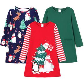 PATPAT 3 Pack Toddler Girl Casual Dress Long Sleeve Colorful Cartoon Basic Tunic Playwear Shirt Dresses with Pockets