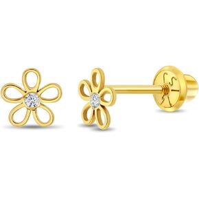 14k Yellow Gold Clear Cubic Zirconia Flower Screw Back Earrings For Babies, Little Girls & Preteens - Adorable Flower Earrings For Young Girls - Tiny Springtime Earrings for Girls in Saudi Arabia