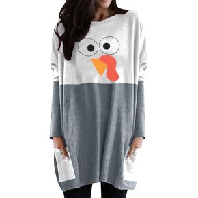 MOUSYA Thanksgiving Dress Shirt Women Funny Turkey face Print Long Sleeve Tops Color Block Sweatshirt with Pockets