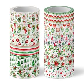 Whaline 12 Rolls Christmas Washi Tape Watercolor Xmas Tree Poinsettia Flower Holly Berry Decorative Masking Tape for Scrapbook Journal DIY Art Craft Gift Wrapping