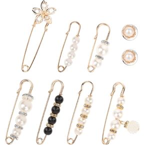 Pearl Waist Cincher Clip, 9 Pieces Dress Clips Vintage Clothes Pins Faux Pearl Rhinestones Brooch Pins Hat Pins Waist Cinch Pants Extender Safety Pins for Women Girls Clothing Dress Pants Shawls