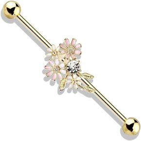 14G-38mm CZ Crystal Enamel Flower Bouquet Ear Piercing Barbells 316L Surgical Steel Industrial Earring Body Jewelry Gifts For Women