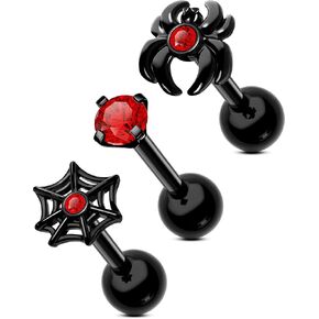 OUFER 3PCS Halloween Helix Piercing Jewelry, 16G Cartilage Earring Barbells, Spider Tragus Piercing Jewelry, 316L Surgical Steel Helix Conch Tragus Cartilage Earrings for Women