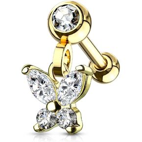 Pierced Owl - 16GA CZ Crystal Butterfly Dangling Tragus Cartilage Ear Stud
