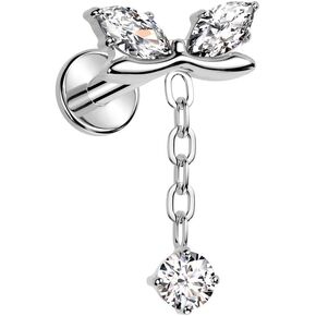 Pierced Owl 16GA ASTM F-136 Implant Grade Titanium Internally Threaded CZ Crystal Bow with Dangling Gem Chain Flat Back Stud