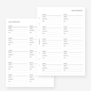 A5 Password Tracker Planner Insert Agenda Refill for Filofax A5, Kikki K Large, LV GM sized 6 ring agendas, 5.8 x 8.3
