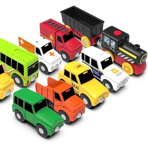 Wooden Train Set Accessories Toy Cars Family (10 PCS) Compatible with All Major Brands Tracks Gift for Toddlers and Kids Aged 3+ (Battery not Included)