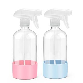 Glass Spray Bottle with Silicone Sleeve Protection, Empty Clear Bottle Set for Non-toxic Window Cleaners Aromatherapy Facial Hydration Watering Flowers Hair Care (2 Pack/16 oz)