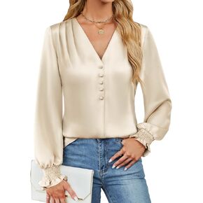 BMJL Women's Blouses Dressy Casual Satin Silk Long Sleeve Shirts Business Casual Tops
