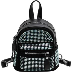Casual Rhinestone Mini Backpack Gothic Daypack Purse Studded Faux Leather Small Travel for Women Ladies, Silver