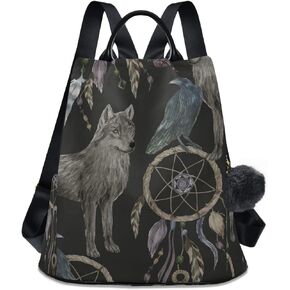 ALAZA Watercolor Black Raven and Wolf Boho Backpack Purse with Adjustable Straps