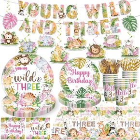 138pcs Young Wild and Three Party Decorations Plate, Safari Wild and Three Party Decorations Plate Napkins Tablecloth Banner for Jungle Young Wild and Three Party Decorations Girl