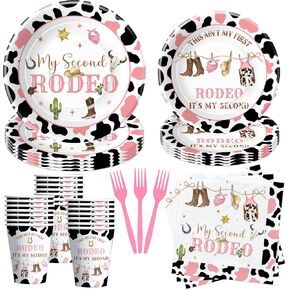 Western Cowgirl 2nd Birthday Party Supplies, My Second Rodeo Birthday Decorations Tableware Girl, Paper Plate, Cup, Napkin, Fork, Wild West Two-Year-Old Birthday Table Decorations | Serve 24