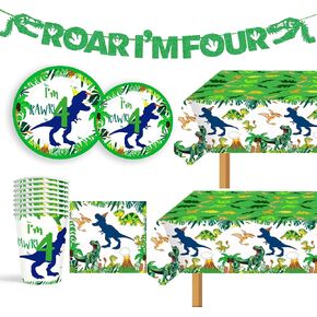 Dino Four Birthday Decorations Boy Plates Napkins and Cups Banners Table Cloth Roar I'm Four Birthday Party Decorations for Boys Roar I'm Four Birthday Decorations