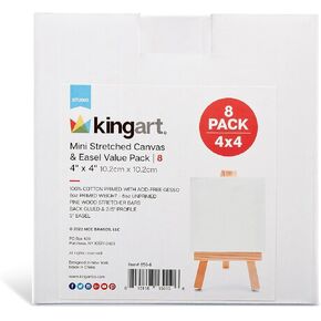 KINGART 856-8 White Mini 4" x 4" STRETCHED ARTIST CANVAS w/Display Easels, Value Pack 8 each. Square Canvases & Wood Easels, Gesso Primed - 100% Cotton, Art Supplies for Oil and Acrylic Painting