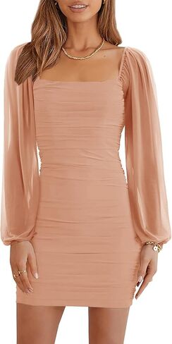 Mesh Cocktail Dresses for Women Elegant Square Neck Lantern Long Sleeve Mini Ruched Bodycon Party Dress in Kuwait