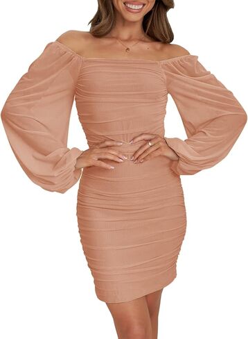 Mesh Cocktail Dresses for Women Elegant Square Neck Lantern Long Sleeve Mini Ruched Bodycon Party Dress in Kuwait